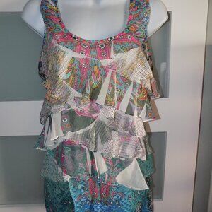 J.T.B. Y2K Retro Floral Paisley Ruffle Layered Hippie Tank Top Size M Women's